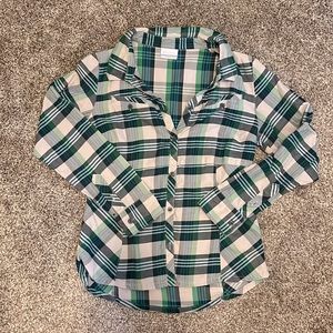 Columbia-women’s green/grey/blue long sleeved button down shirt, size S
